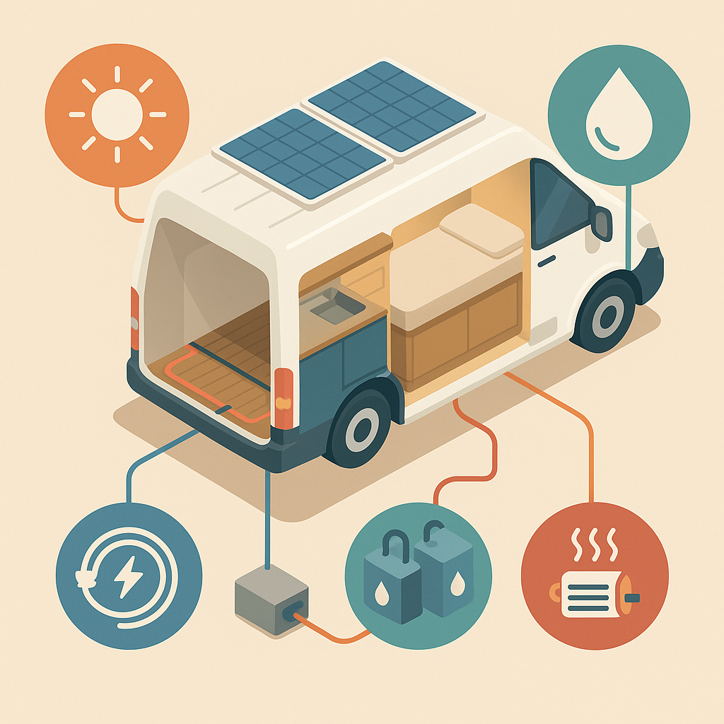 Esquema visual de una furgoneta camper mostrando sistemas de agua, electricidad, calefacción y paneles solares.