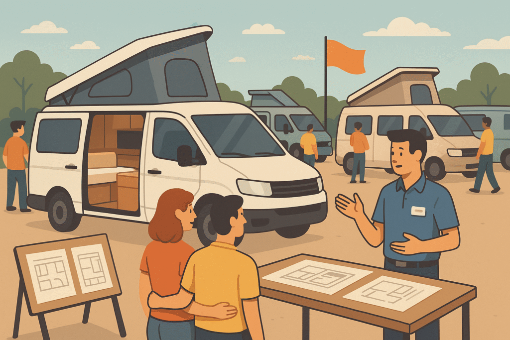  Escena de feria camper con una furgoneta, planos técnicos y un asesor hablando con visitantes interesados.