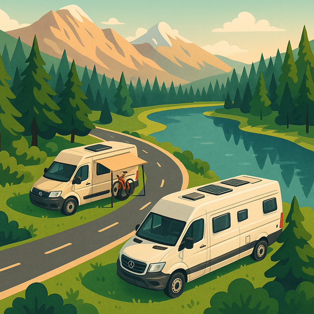 Furgonetas camper de diferentes tamaños estacionadas junto a un lago en plena naturaleza.