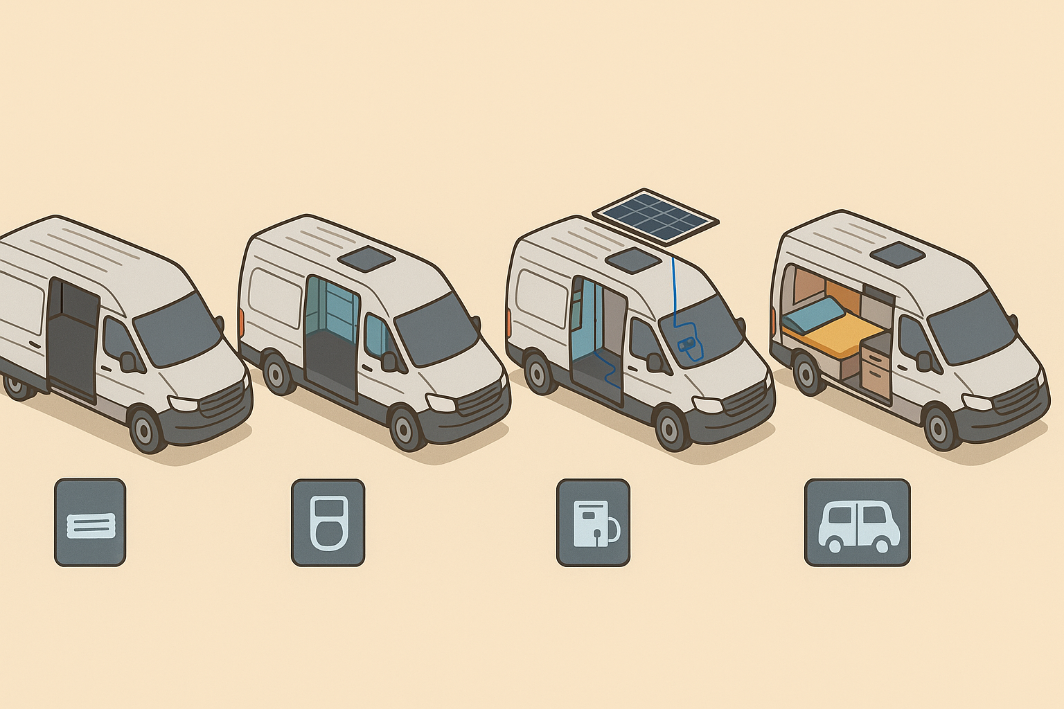 Evolución visual de una furgoneta desde vacía hasta completamente camperizada.