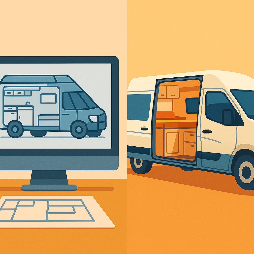 Comparativa entre plano digital y camper real terminada desde el mismo ángulo.