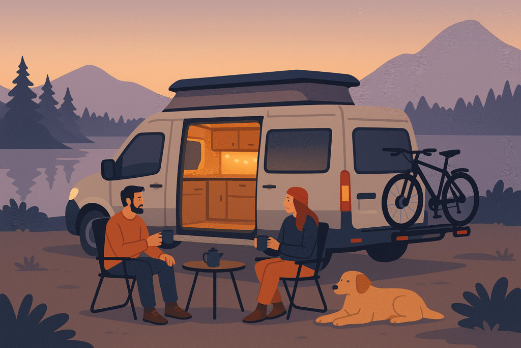 Pareja y perro disfrutando del exterior junto a su camper equipada frente a un paisaje natural.