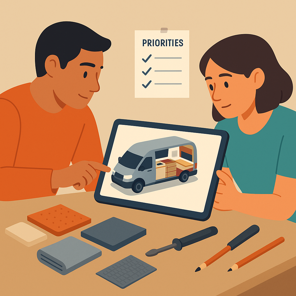 Pareja planificando diseño de furgoneta camper sobre plano digital y materiales.