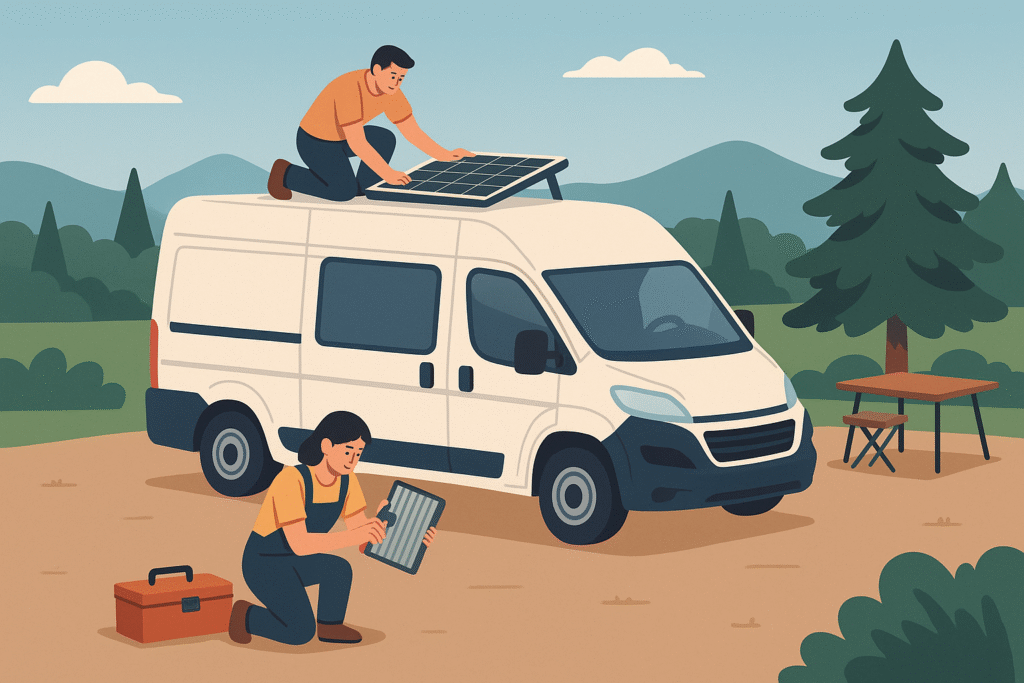 Escena de mantenimiento y uso cotidiano de una furgoneta camper en naturaleza.