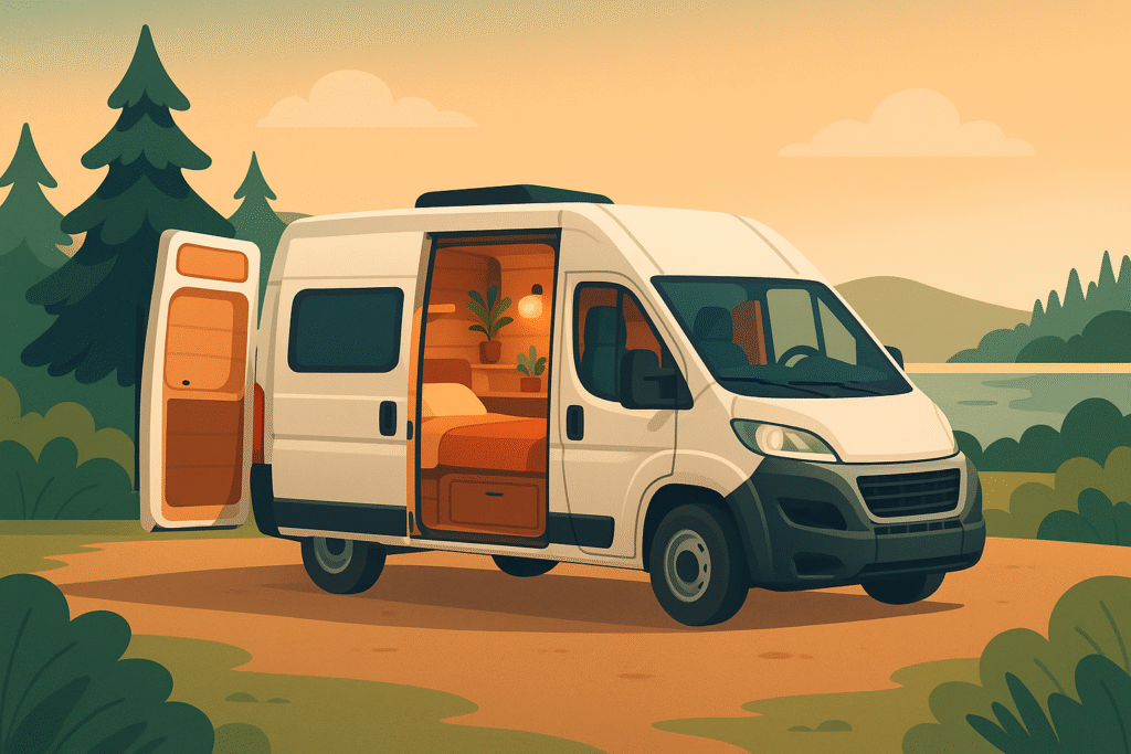 Furgoneta camper abierta en plena naturaleza con interior cálido y funcional.