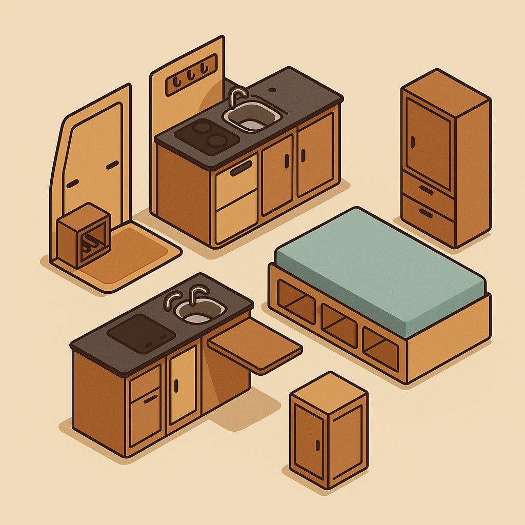 Ilustración de detalles artesanales y sostenibles: panel solar en el techo, interior en madera clara, textiles naturales, plantas pequeñas y mobiliario hecho a mano.