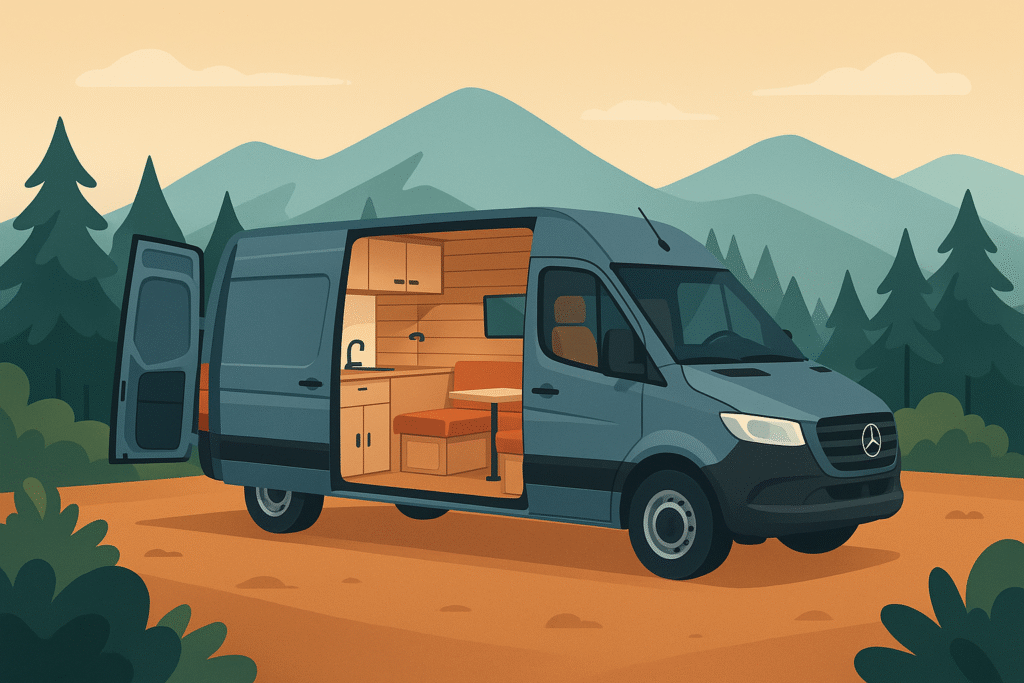 Furgoneta Sprinter camperizada abierta en la naturaleza mostrando interior funcional