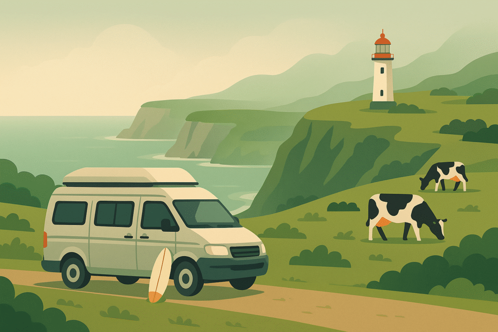 Camper aparcada frente a un acantilado con niebla, faro y vacas pastando