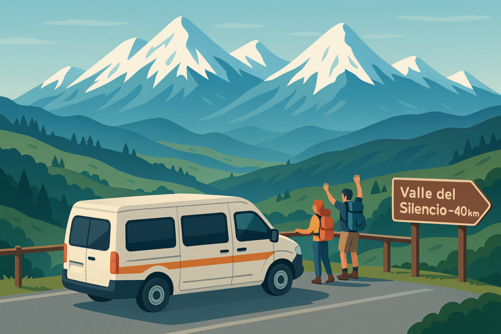 Furgoneta en mirador con montañas nevadas al fondo y cartel hacia el Valle del Silencio.