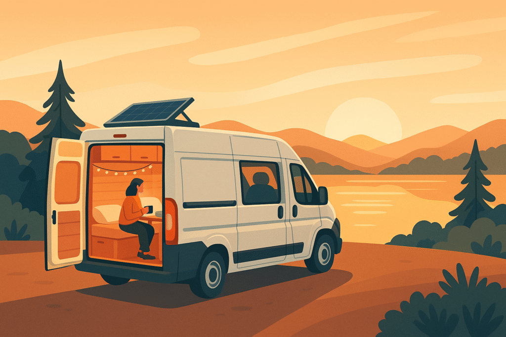 Furgoneta Peugeot Boxer camper frente a un lago al amanecer con interior visible