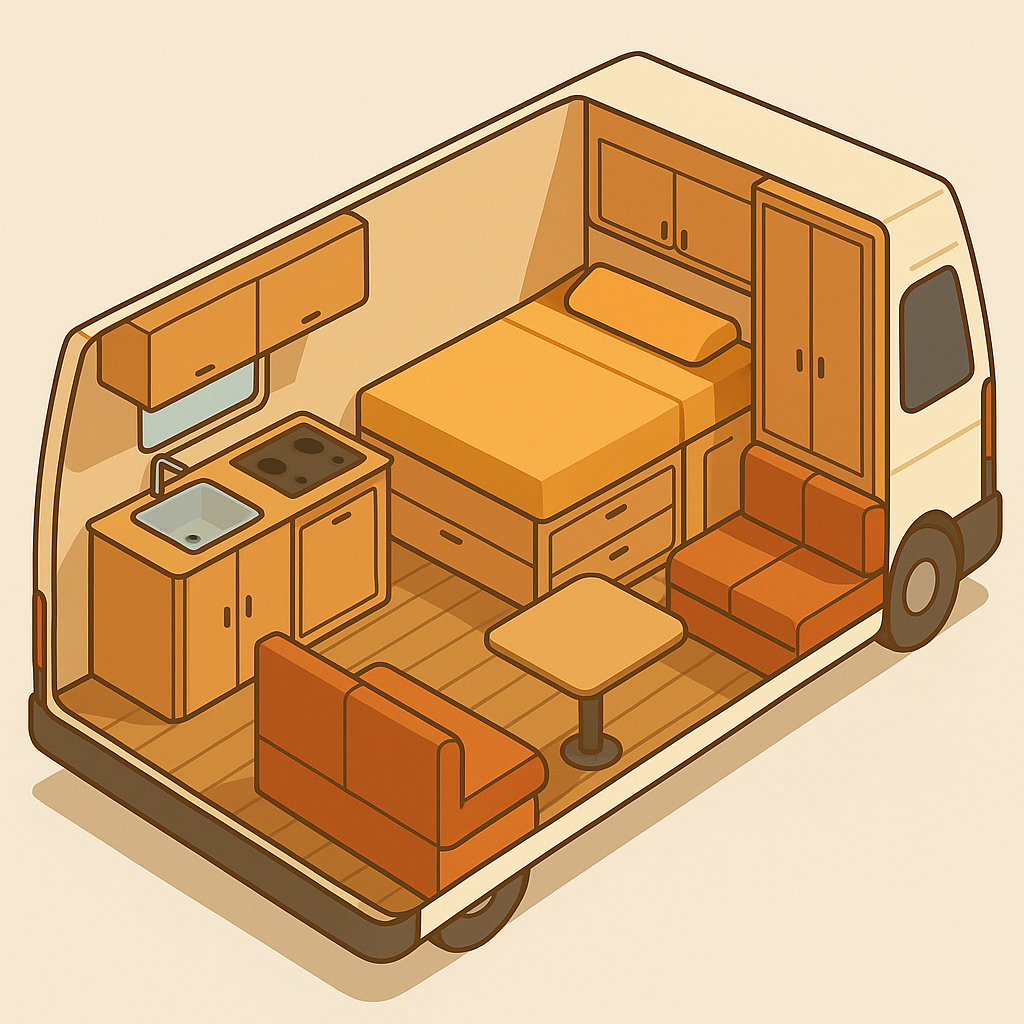 Distribución modular interior de una Peugeot Boxer camperizada