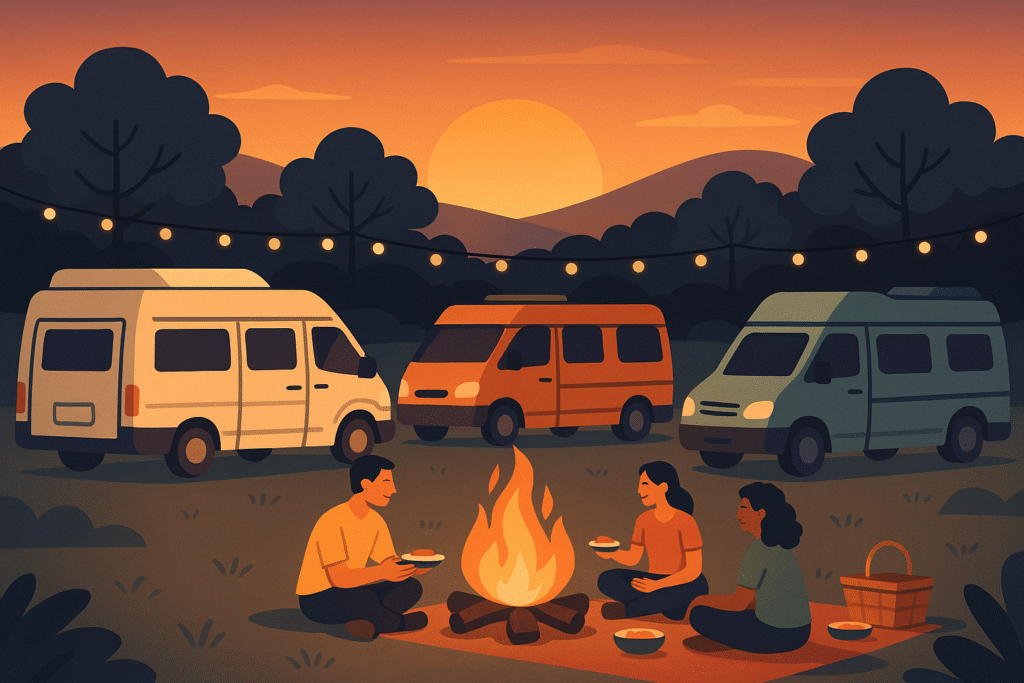 Comunidad vanlife compartiendo en un campamento al atardecer