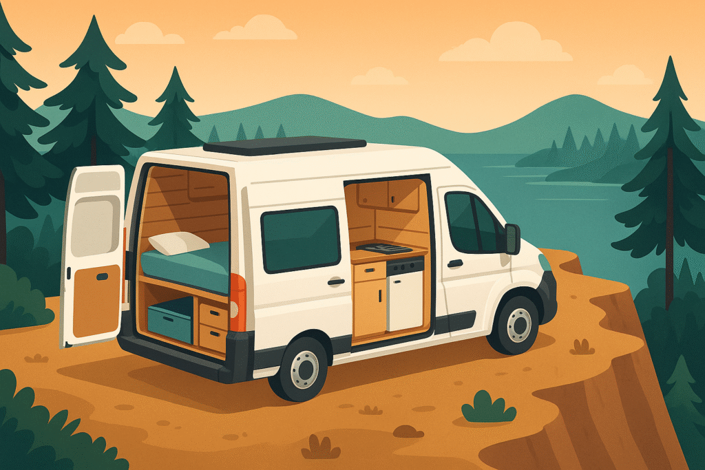Furgoneta camper L2H2 en la naturaleza con interior visible mostrando vida nómada