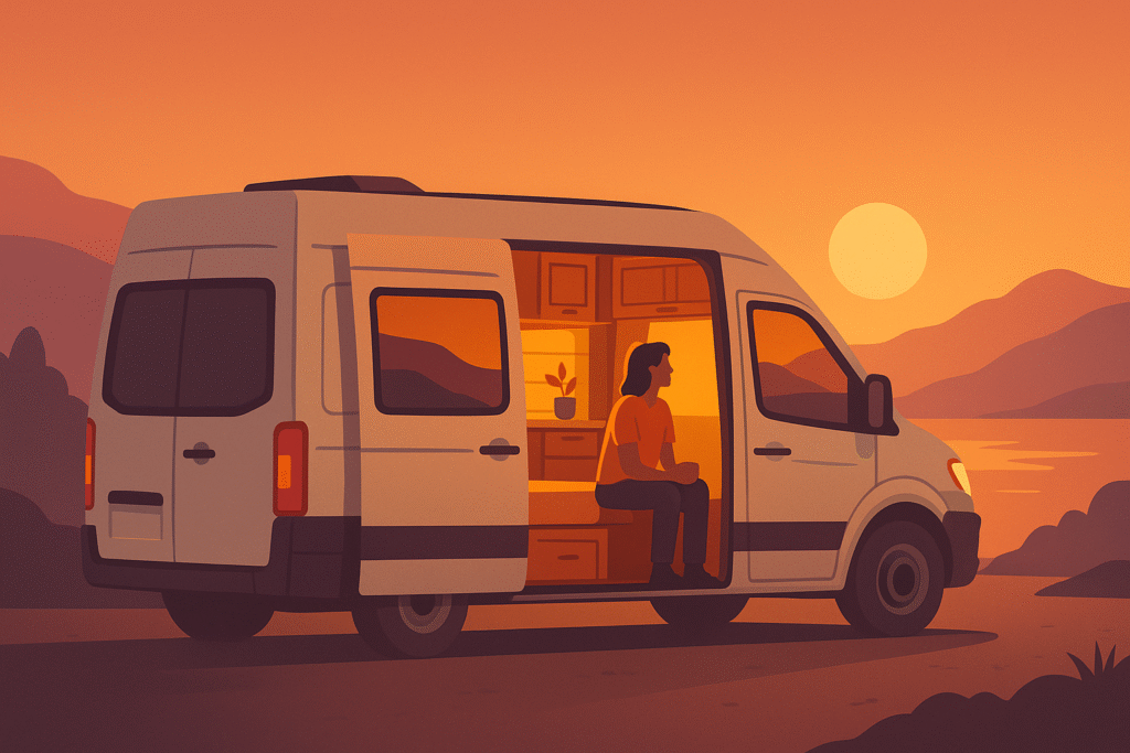Persona disfrutando del interior de su camper L2H2 con vistas naturales al atardecer